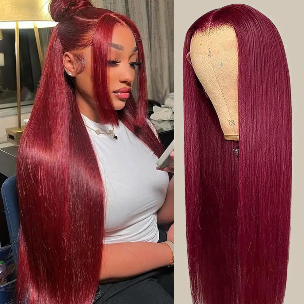 30 Inch 99J Burgundy 13x6 HD Lace Front Wig Brazilian Human Hair Straight, Natural Hairline, 200% Density
