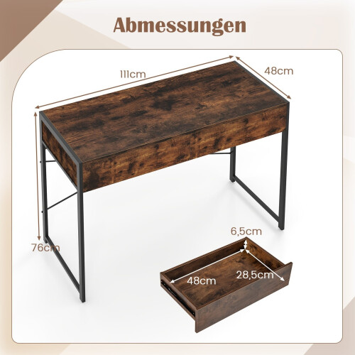 Escritorio compacto para computadora con 2 cajones, marrón rústico 1