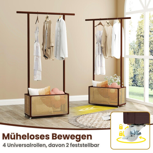 Bamboo Clothes Rack with Rattan Basket & Wheels, Brown 2