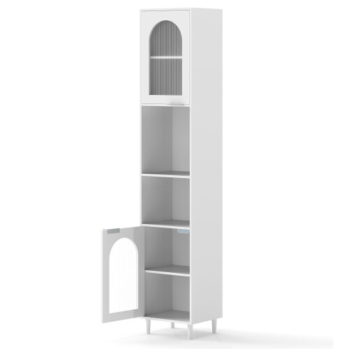 Dulap înalt de baie cu uși din sticlă striate, alb