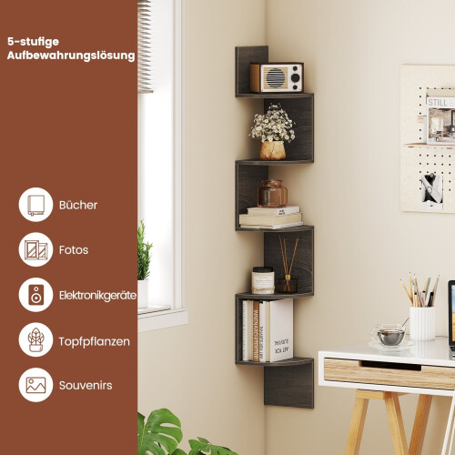 Floating Corner Shelf, 5-Tier Wall-Mounted Storage, Grey 2