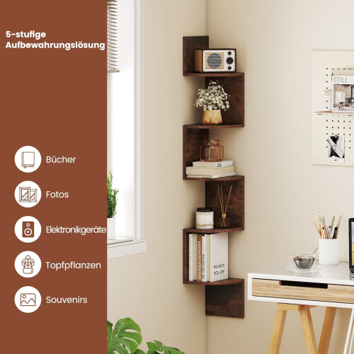5-Tier Corner Wall Shelf, Floating Design, Rustic Brown 2