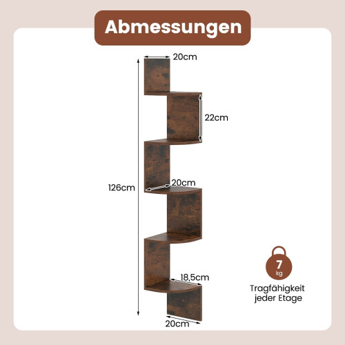 5-Tier Corner Wall Shelf, Floating Design, Rustic Brown 1