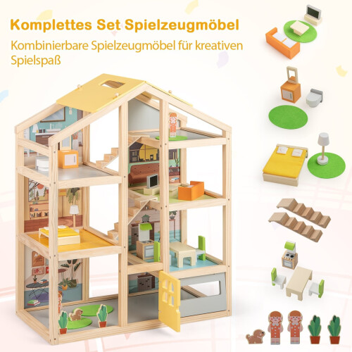 Casa delle bambole in legno con mobili e personaggi, design multi-stanza 2