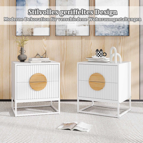 White Mid-Century Side Table with 2 Drawers & Metal Frame 1