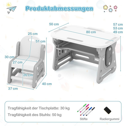 Adjustable Kids Table and Chair Set with Tilt Whiteboard 1