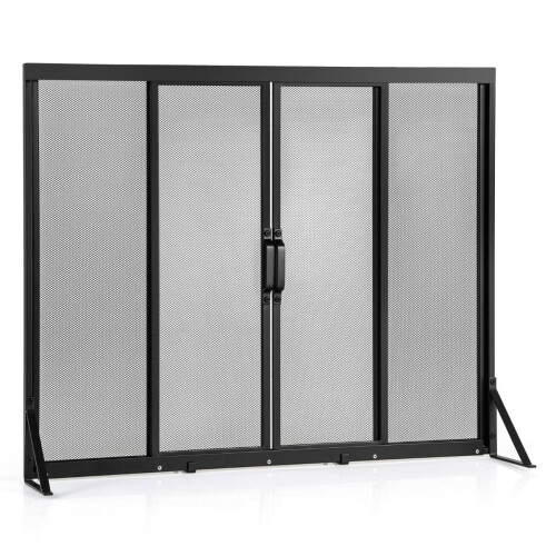 Fireplace Screen with Sliding Doors, 96 x 79 cm, Metal Mesh