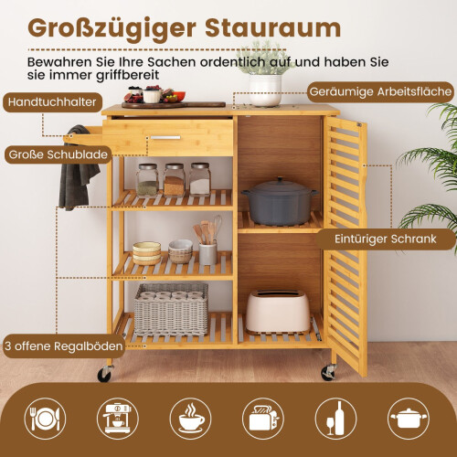 Bamboo Kitchen Cart with Drawer and Shelves, Mobile Storage 2