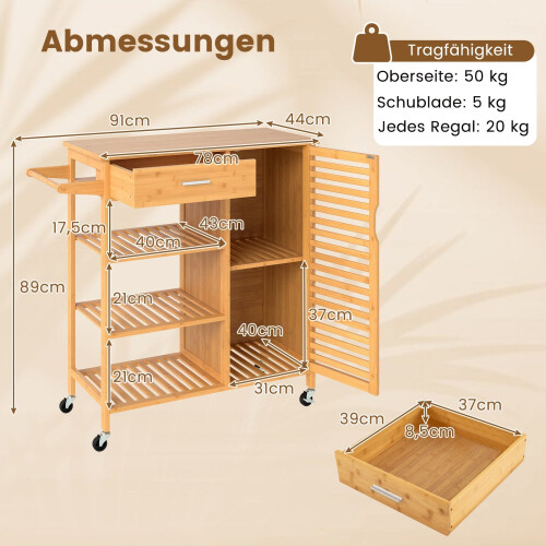 Bamboo Kitchen Cart with Drawer and Shelves, Mobile Storage 1