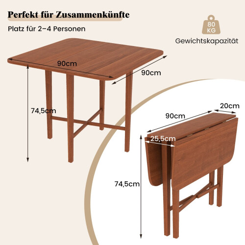 Square Folding Dining Table for 2-4, Brown Wood, Space-Saving 1