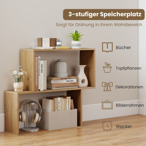 3-Tier Geometric Bookshelf, Freestanding Wood, Natural 2