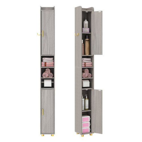 Tall Bathroom Cabinet with Toilet Paper Holder, Hooks - Grey