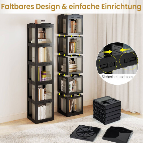 360 Rotating Bookshelf, Foldable, Transparent, Black, 174 cm 2