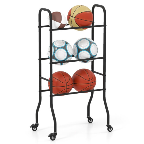 Suporte de basquete de metal com 3 níveis e rodas - comporta 6 bolas.