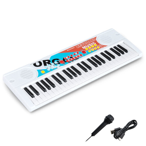 Teclado infantil de 49 teclas, 8 ritmos e sons, branco