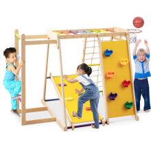 Indoor-Spielplatz mit Klettergerüst, Rutsche und Basketballkorb
