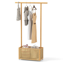 Suport de haine din bambus cu coș de ratan și roți, 100x32,5x172 cm