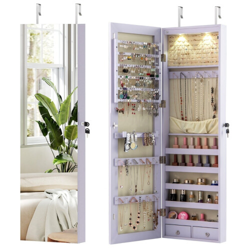 Mobiletto portagioie con luce LED, specchio, chiudibile a chiave, viola