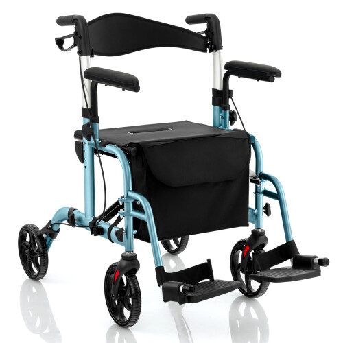 Rollator 2 in 1, deambulatore e sedia da trasporto, blu, pieghevole