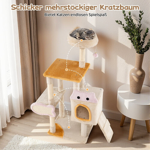 Cat Tree with Fish-Shaped Scratcher, Sisal Posts, Plush Cave 2