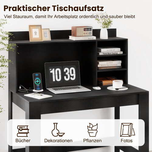 Schwarzer Computertisch mit Aufsatz, Steckdosen und Kabelmanagement 2