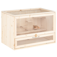 Hamsterkäfig aus Holz mit Drahtgitterdeckel und mehreren Leitern