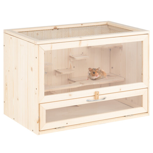 Gabbia per criceti in legno con coperchio a rete e scale multiple