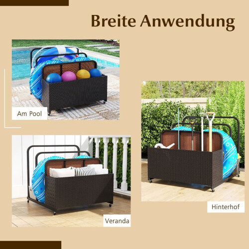 Pool Storage Basket with Wheels, PE Rattan, 2 Compartments 2