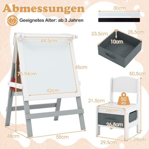 Adjustable Kids Easel with Chalkboard & Whiteboard, Grey 1