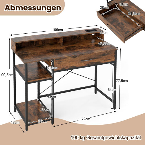 Computertisch mit Steckdosen, Schublade und Ablagen, rustikales Braun 1