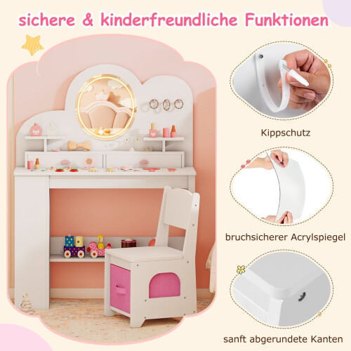 Set da toeletta per bambini con luci, specchio e sedia 2