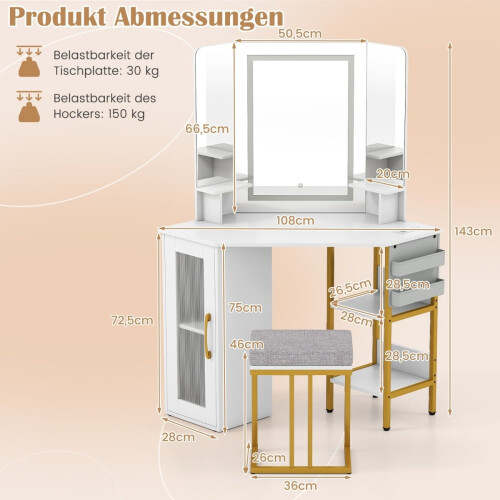 Coiffeuse d'angle avec tabouret, miroir LED et ports de chargement 1