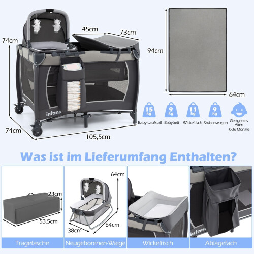 Lit bébé portable 5 en 1 avec table à langer et berceau 1