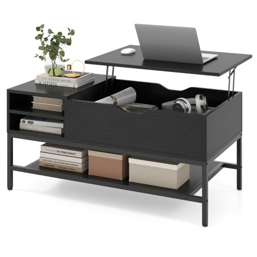 Couchtisch mit Hebemechanismus und verstecktem Stauraum, schwarzes Holz