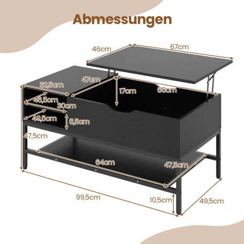 Couchtisch mit Hebemechanismus und verstecktem Stauraum, schwarzes Holz 1