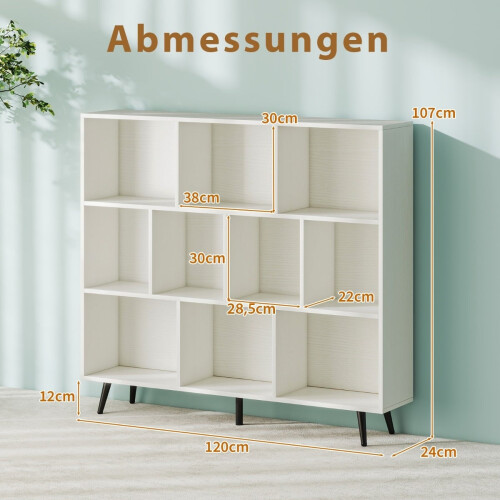 Bücherregal mit Fächern, 3-stufig, Holzbeine, 120 cm 1
