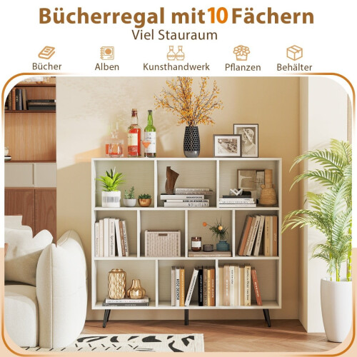 Bücherregal mit Fächern, 3-stufig, Holzbeine, 120 cm 2
