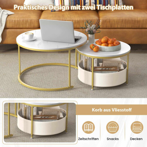 2-teiliges rundes Couchtisch-Set mit Aufbewahrungskorb 2