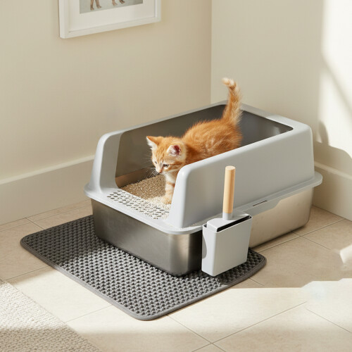 Bingopaw Stainless Steel Cat Litter Box with Litter Mat