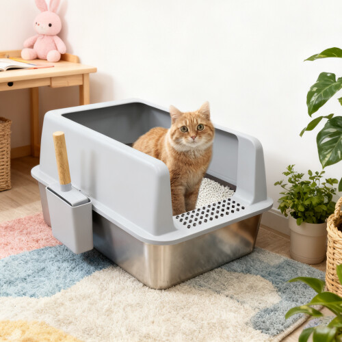 Bingopaw Stainless Steel Cat Litter Box with Litter Mat 1