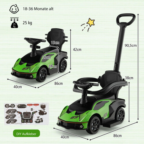 3-in-1-Kleinkind-Elektroauto mit Schiebegriff, Grün 1