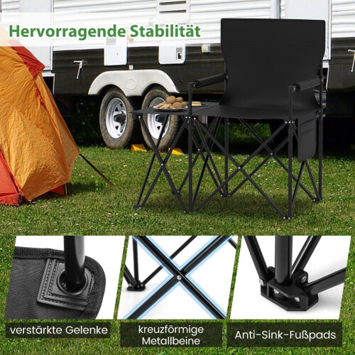Conjunto de 2 cadeiras de camping dobráveis com mesa lateral e porta-copos. 2