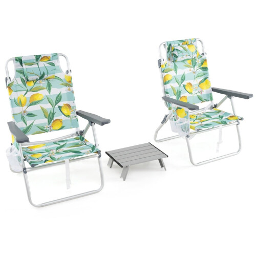 Folding Beach Chairs with Table, Adjustable Recline, Green