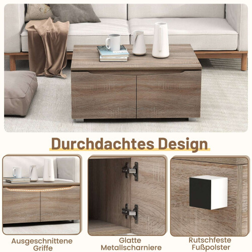Rustikaler Couchtisch mit verstecktem Stauraum, 4 Türen, Eiche 2