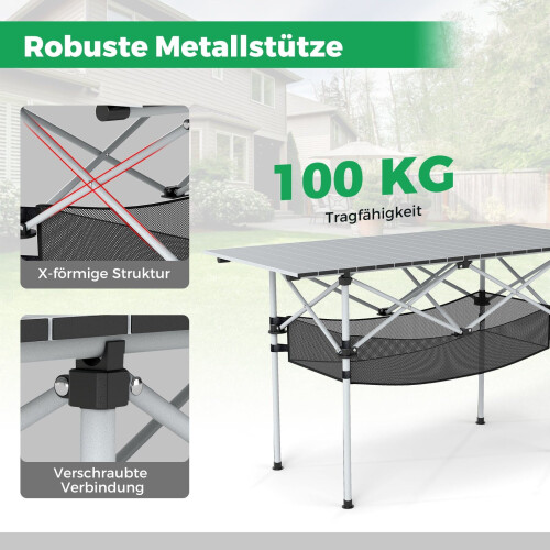 Klappbarer Campingtisch mit aufrollbarer Aluminiumplatte, Silber 2