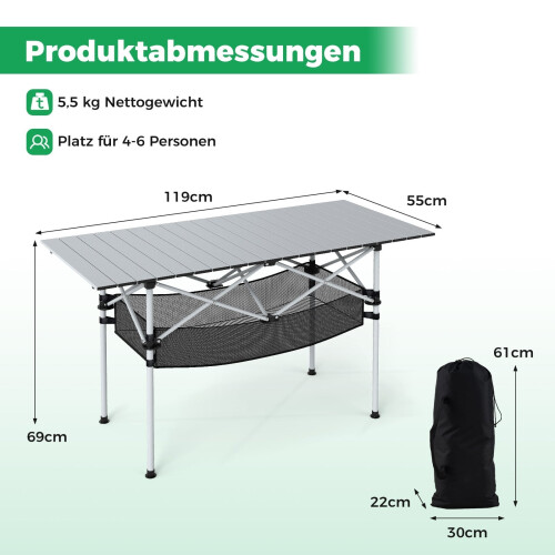 Klappbarer Campingtisch mit aufrollbarer Aluminiumplatte, Silber 1