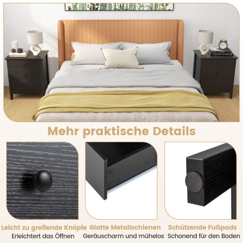 Nachttisch mit 3 Schubladen, Schwarz, 56 x 45 x 66 cm 2