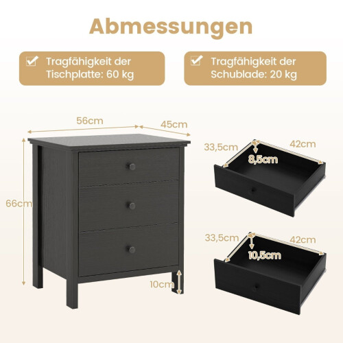 Nachttisch mit 3 Schubladen, Schwarz, 56 x 45 x 66 cm 1
