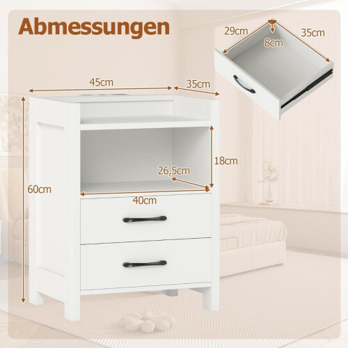 Nachttisch mit LED-Beleuchtung und Ladestation, 2 Schubladen 1