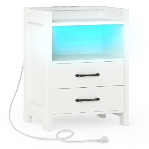 Nachttisch mit LED-Beleuchtung und Ladestation, 2 Schubladen
